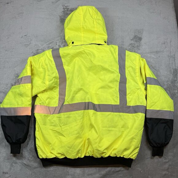 High Visibility Jacket Men’s 2XL Yellow Bomber Hood Type R Class 3 ANSI 107-2015 - Picture 2 of 11
